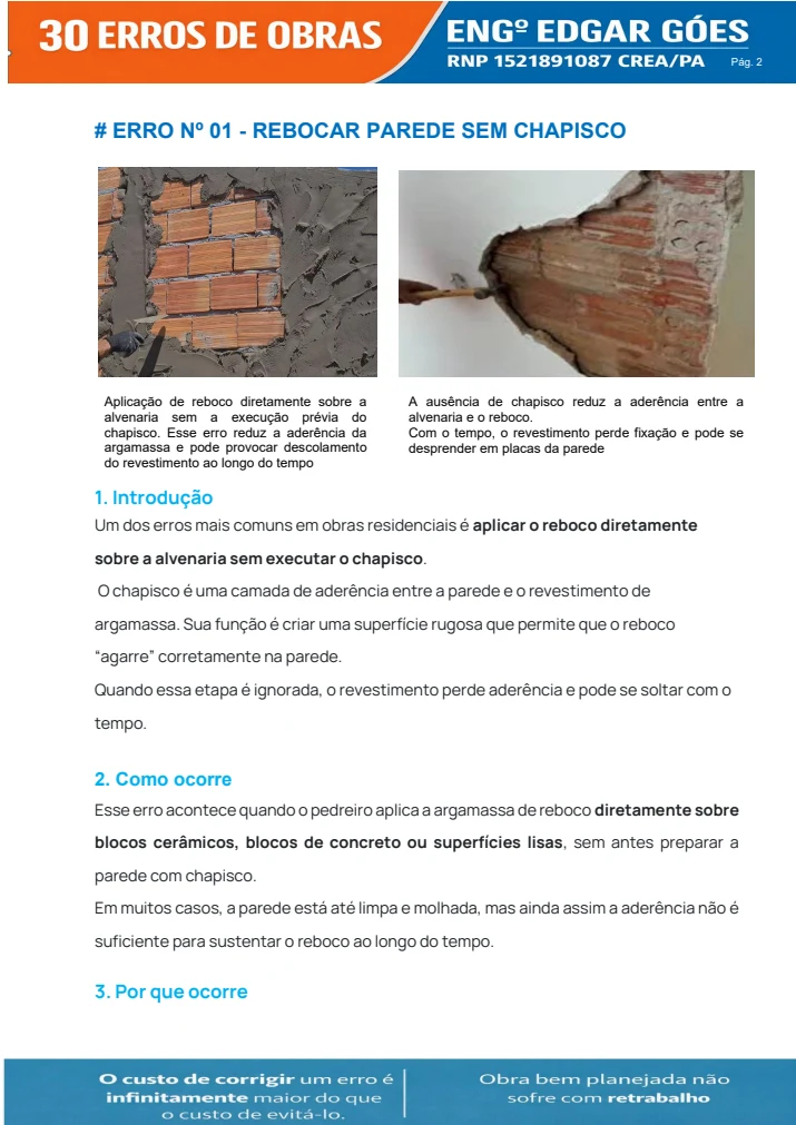 Página do e-book sobre o erro de rebocar parede sem chapisco