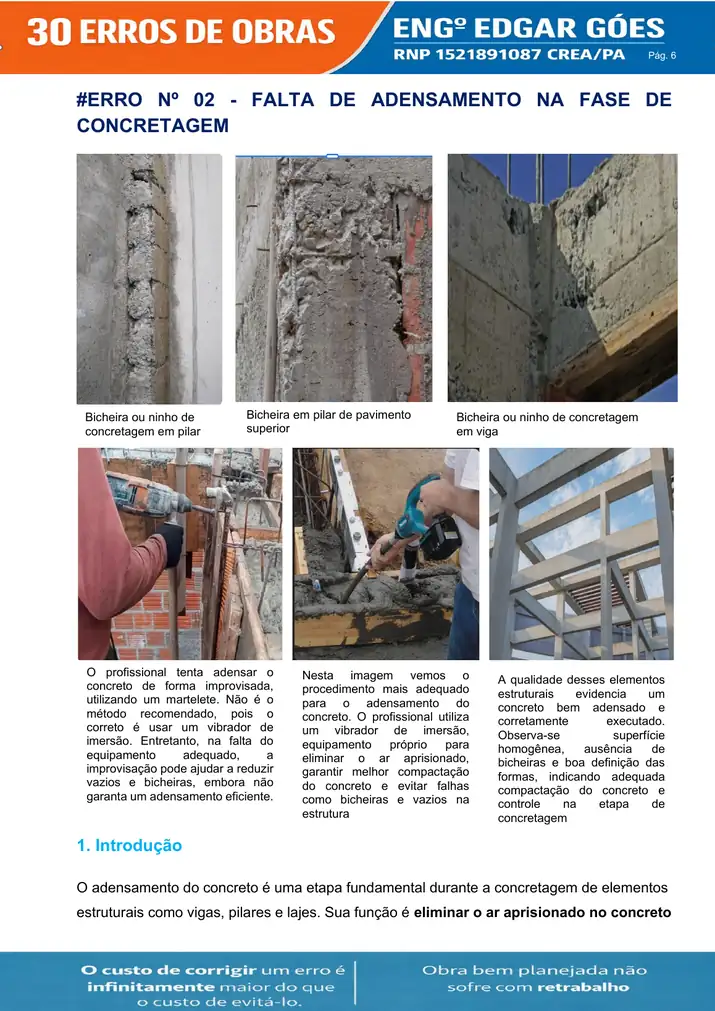 Página do e-book sobre falta de adensamento na concretagem